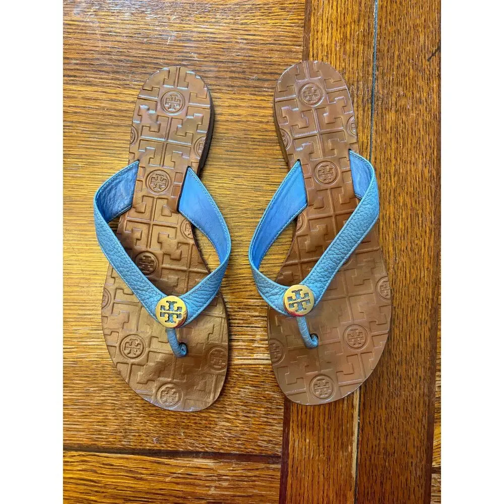 Tory Burch Thora Sandal 8M Chambray Blue Snake Leather Logo Thong Flip Flop Shoe